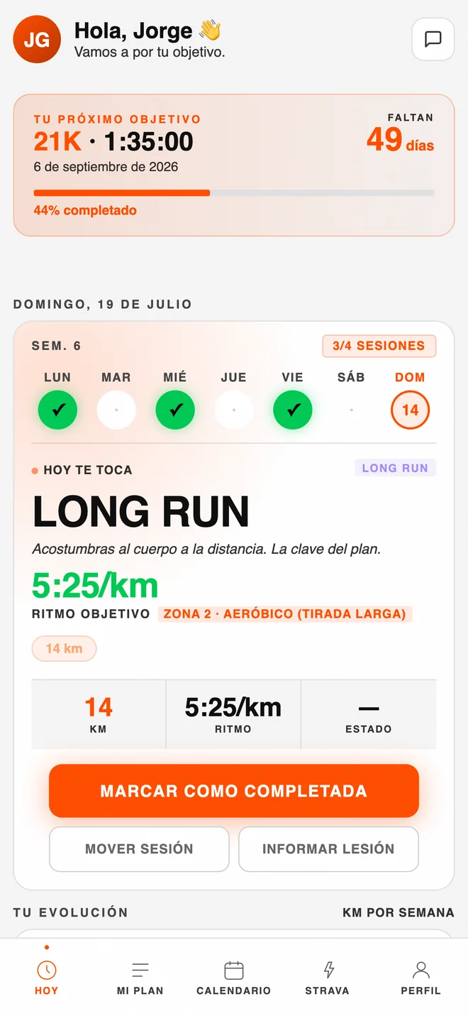Pantalla de hoy en PACE: la sesión del día con su ritmo objetivo y zona, los kilómetros, la semana con las sesiones ya hechas y el botón de marcarla como completada