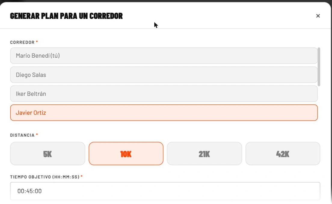 Generador de plan: el coach elige runner, distancia, objetivo y días antes de crear nada.
