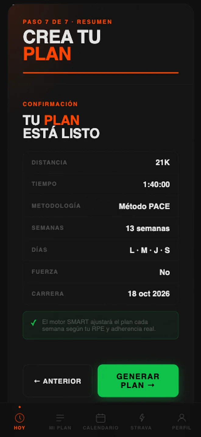 Resumen del plan generado en PACE: distancia, tiempo objetivo, metodología PACE, semanas, días y fecha de carrera